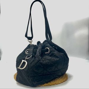 CHRISTIAN DIOR BLACK SATIN LEATHER CANAGE SHOULDER DRAWSTRING HOBO BAG LARGE